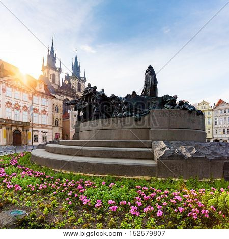 Kostel Panny Marie pred Tynem at the sunrise. Church of the Virgin Mary. Beautiful Old Town Square with the church without people in Romanesque - Gothic style.
