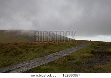 Trail leading two hikers into the mist