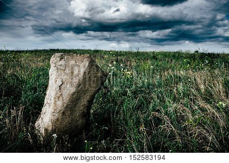 Stone on the former pagan shrine on the field among the grass