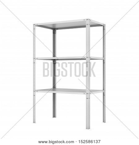 3d rendering of a metal rack with three shelves, isolated on a white background. Steel Furniture. Shelving units. Open storage system. Keeping and storing stuff.