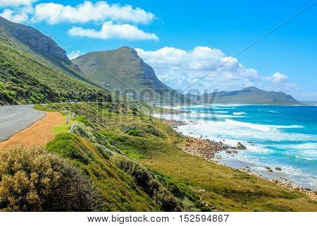 The scenic Misty Cliffs a little village between Kommetjie and Scarborough in Cape Peninsula, South Africa. Misty Cliffs, as its name says, is famous for its misty cliffs in stormy and windy days