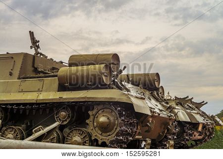 Rear of chassis old military tank. Tracks and extra fuel tanks. Artillery WWII.