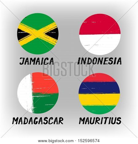 Set Of 4 Flags - Round Icons - Jamaica Indonesia Madagascar Mauritius