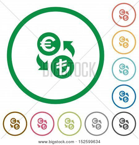 Euro Lira exchange flat color icons in round outlines