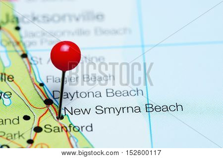 New Smyrna Beach pinned on a map of Florida, USA