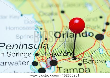 Lakeland pinned on a map of Florida, USA