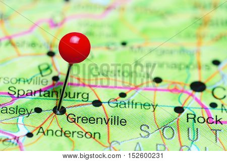 Greenville pinned on a map of South Carolina, USA