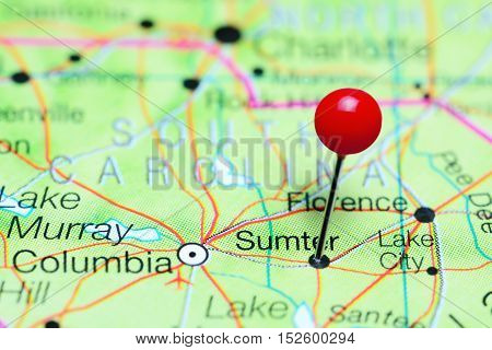 Sumter pinned on a map of South Carolina, USA