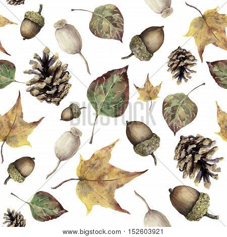 Watercolor autumn forest seamless pattern. Hand painted pine cone, acorn, berry and yellow and green fall leaves ornament isolated on white background. Botanical illustration for design, print, fabric.