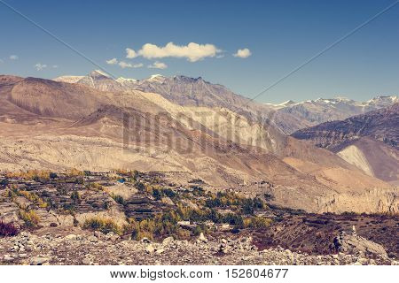 Arrid mountain wasteland. Muktinath region under Thorong La pass.