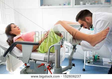 Gynecologist Examining A Patient With A Colposcope