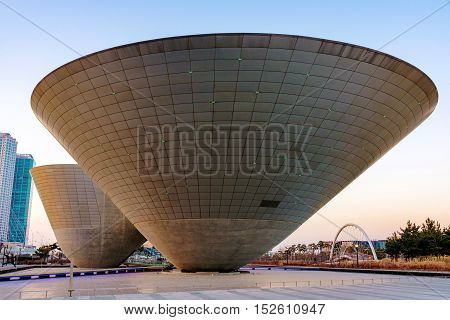 INCHEON SOUTH KOREA - FEBURARY 10 2016: The tri-bowl building is a famous architectural landmark in Songdo Central park the financial district of Incheon on feburary 10th 2016 in Incheon