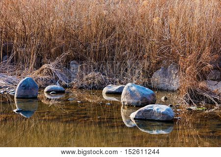 rocks and prarie grass in a stream