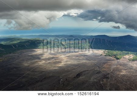 Caldera volcano Maly Semyachik. Kronotsky Nature Reserve on Kamchatka Peninsula. View from helicopter.