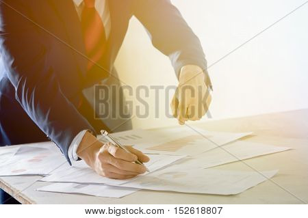 Bossy Business Man Talking And Discussing While Pointing Finger At Other Colleage And Worker On The