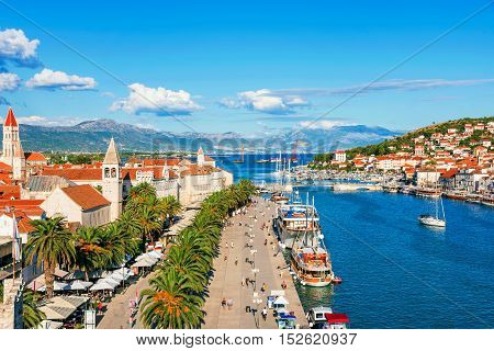 TROGIR CROATIA - SEPTEMBER 18: Trogir old town UNESCO world heritage site waterfront promenade on a sunny day September 18 2016 in Trogir