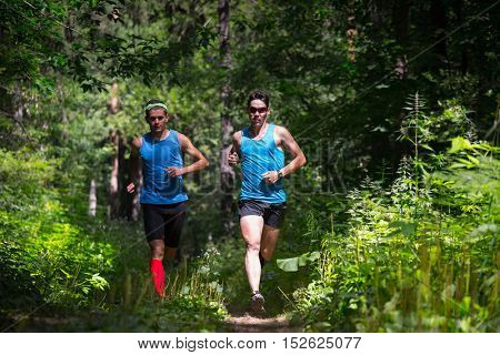 Trail running athletes moving through the forest