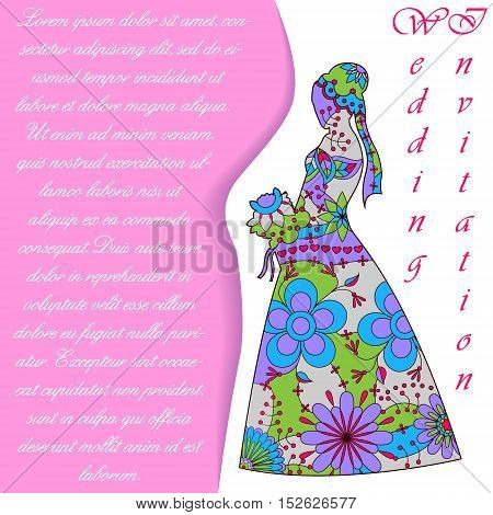 Vector wedding invitaton with bride silhouette colorful