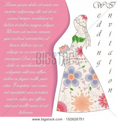 Vector wedding invitaton with bride silhouette vintage