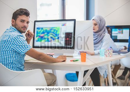 Startup Business, Software Developer Working On Desktop Computer At Modern Office