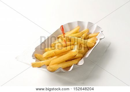 Fresh french fries in paper plate on white background