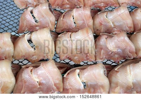 Striped Snakehead Fishes Dried In The Sun For Sell In Open Market, Thai Market Store.