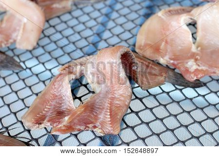 Striped Snakehead Fishes Dried In The Sun For Sell In Open Market, Thai Market Store.