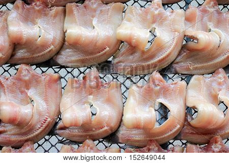 Striped Snakehead Fishes Dried In The Sun For Sell In Open Market, Thai Market Store.