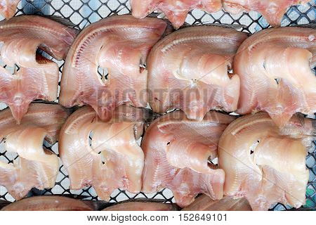 Striped Snakehead Fishes Dried In The Sun For Sell In Open Market, Thai Market Store.