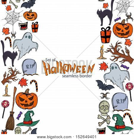 Vertical seamless borders of Halloween icons. Vector stock illustration.
