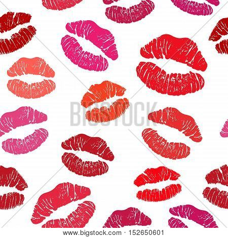 Red lipstick kiss seamless pattern, female lips on white background.Vector stock illustration.