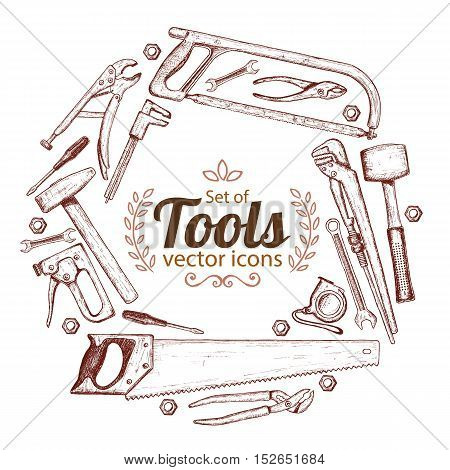 Round frame with repair tools icons. Template for packaging cards posters menu. Vector stock illustration.