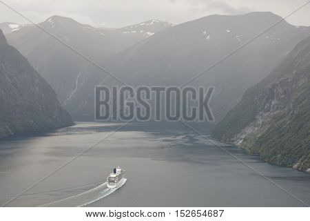Norwegian fjord landscape. Storfjorden. Hellesylt Geiranger cruise travel. Tourism