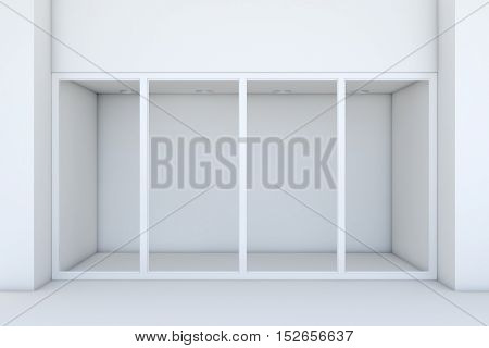 Shopfront with large windows. White store facade. 3d rendering