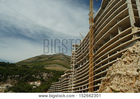Construction Of The Hotel In The Rock By The Sea
