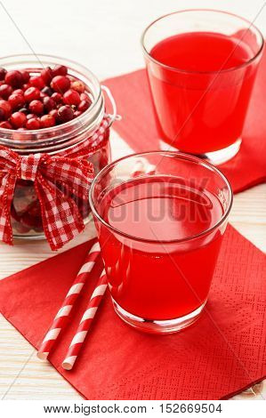 Cranberry kissel in glasses on white table.