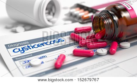 Cysticercosis - Handwritten Diagnosis in the Extract From the History of Disease. Medical Concept with Blister of Red Pills, Close Up View, Selective Focus. 3D.