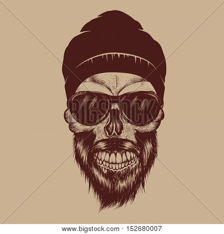 Fashionable skull with sunglasses, beard and hat.Street guy.Vector hand drawn illustration