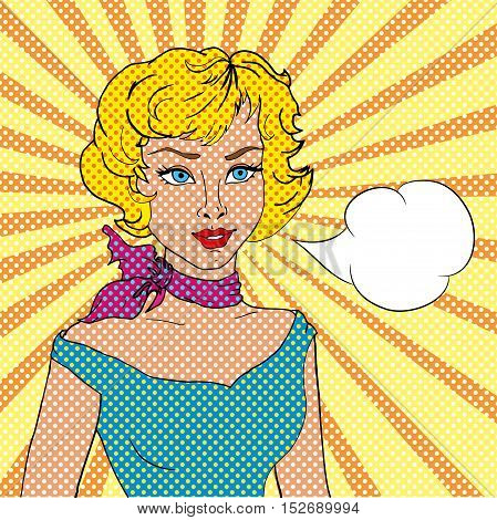 Pop Art illustration of  girl with the speech bubble. Vector illustration