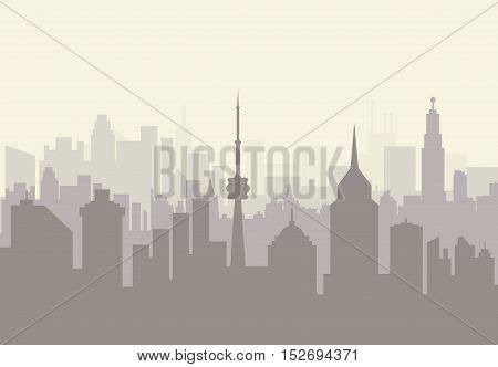 Foggy city skyline silhouette. skyscappers, towers, office and residental buildings. vector illustration