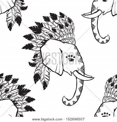 Elephant head with american indian chief headdress pattern. Print for clothes, cards, picture banner for websites. Ethnic Indian ornaments.