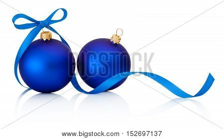 Two Blue Christmas baubles with ribbon bow isolated on white background