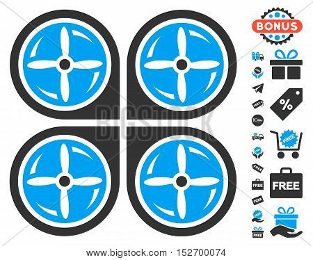 Nanocopter Screws Rotaion icon with free bonus pictograph collection. Vector illustration style is flat iconic symbols blue and gray colors white background.