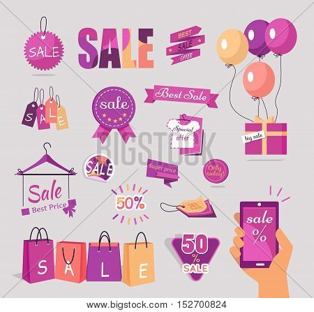 Collection of sale stickers and tags. Flat design vector. Set of big sale, best price, best offer concepts in brand pink colors. For store discounts advertising. Product label design. Black friday