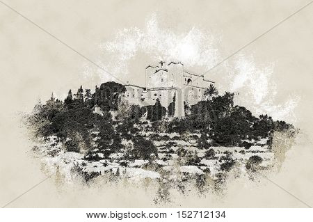 Pilgrimage church of Sant Salvador on green hill in Arta village, Mallorca island, Spain. Modern painting, background illustration.