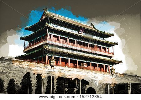 Beijing, China at the Zhengyangmen Gatehouse in Tiananmen Square. Beautiful historical building at sunset. Vintage painting, background illustration, beautiful picture, travel texture