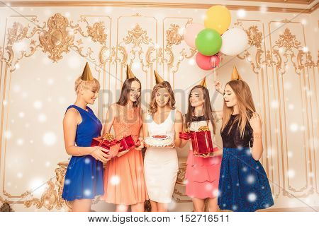 Portrait Of Happy Girlfriends With Balloons, Presenta And Cake Having Party
