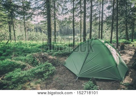 green tent on forest closeup, toned 