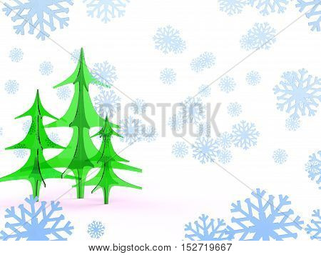 group of glass Christmas fir tree isolated on white background with showflakes. Happy new year postcard design print 3d illustration concept.