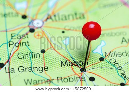 Macon pinned on a map of Georgia, USA